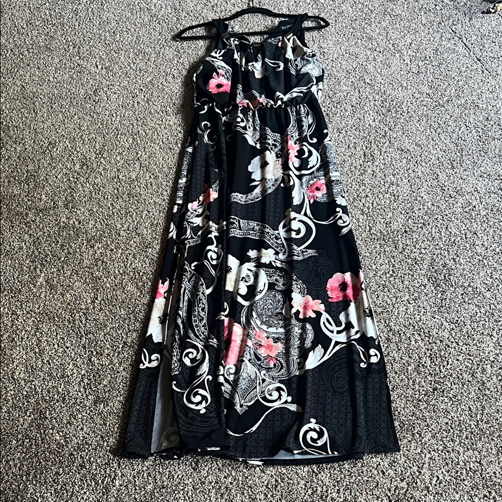 White House Black Market Black Floral Maxi Dress with Pink and White Accents
